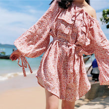 Load image into Gallery viewer, Women floral print white and pink linen radiate sunny skater shirt dress in watermelon ditsy floral with flap breast pockets