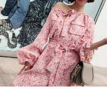 Load image into Gallery viewer, Women floral print white and pink linen radiate sunny skater shirt dress in watermelon ditsy floral with flap breast pockets